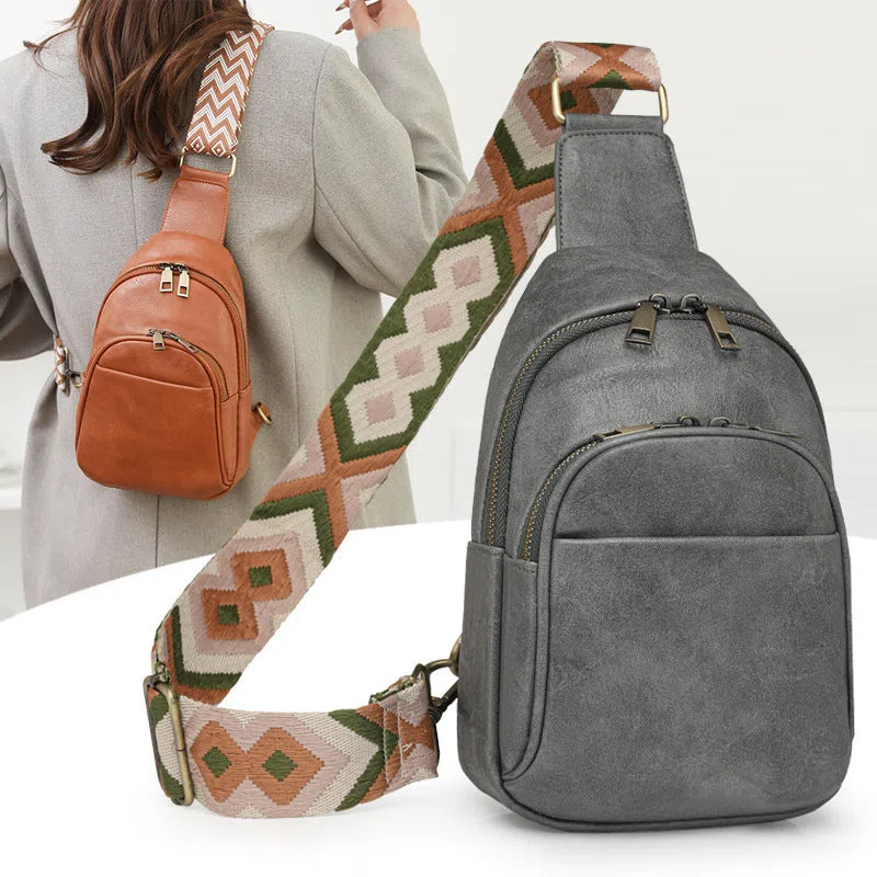Women's vintage crossbody bag in tan PU with patchwork design and phone pocket