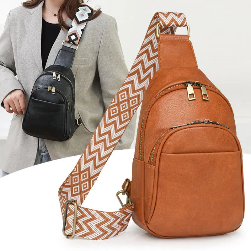 Women's vintage crossbody bag in tan PU with patchwork design and phone pocket