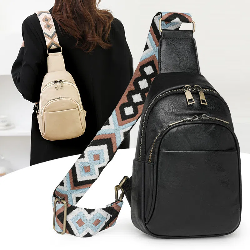 Women's vintage crossbody bag in tan PU with patchwork design and phone pocket