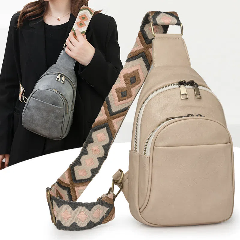 Women's vintage crossbody bag in tan PU with patchwork design and phone pocket