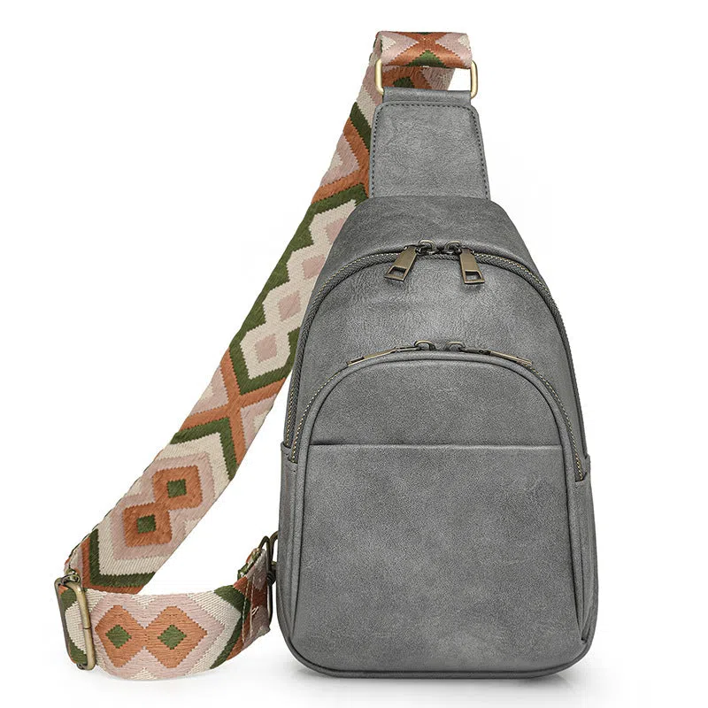 Women's vintage crossbody bag in tan PU with patchwork design and phone pocket