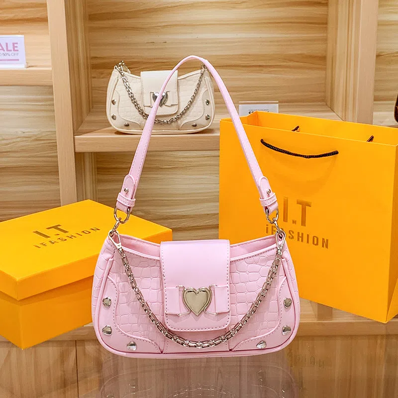 Caring Leisure soft PU leather shoulder crossbody bag in retro European American style, 24cm x 7cm x 13cm, Pink colour