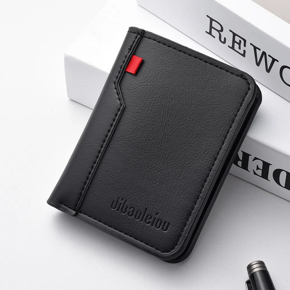 Vertical men's wallet in solid colour PU with visible stitching, ultra-lightweight design, available in black