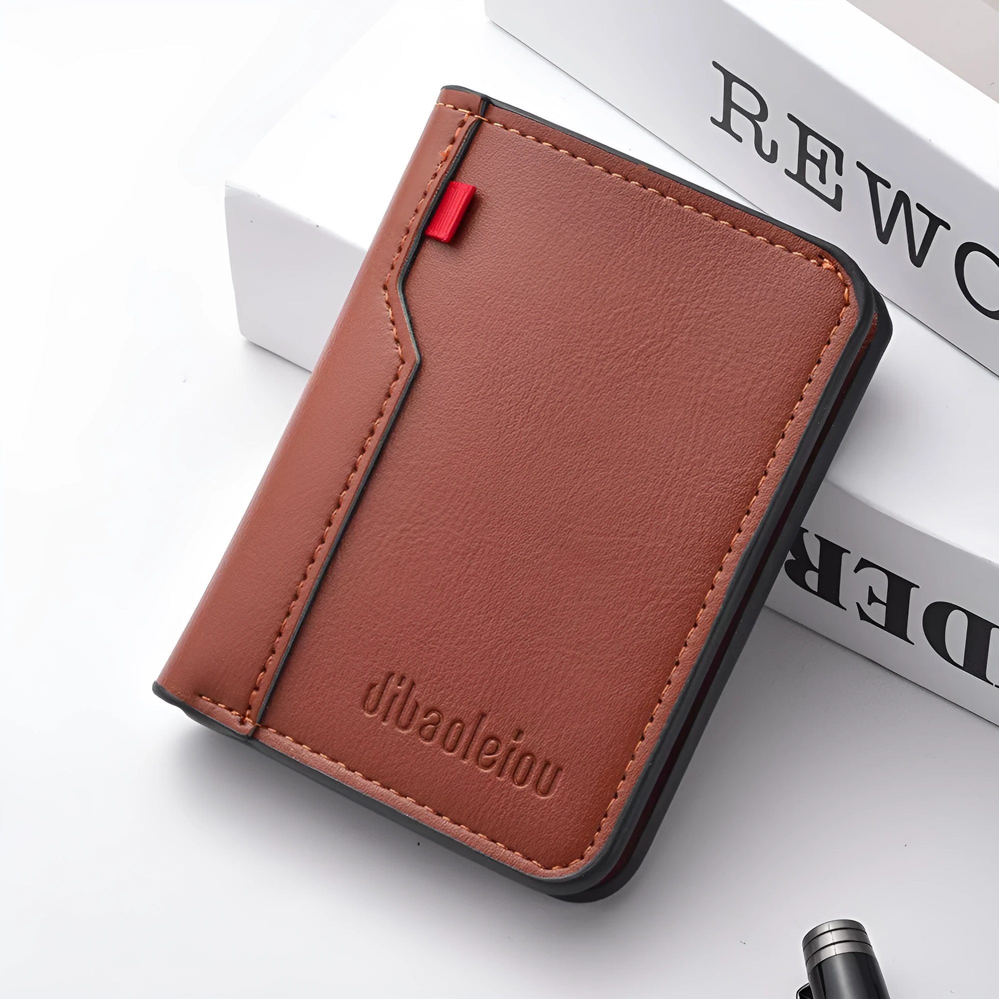 Vertical men's wallet in solid colour PU with visible stitching, ultra-lightweight design, available in black