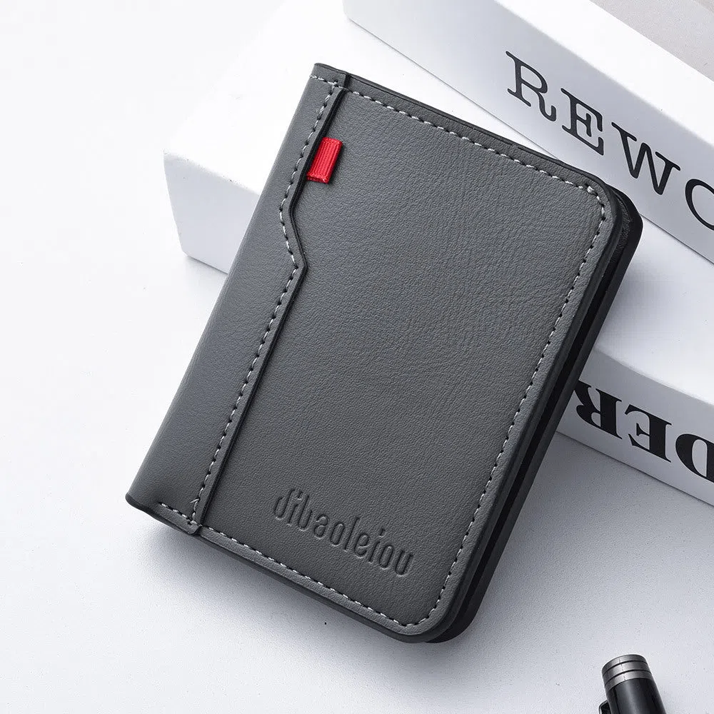 Vertical men's wallet in solid colour PU with visible stitching, ultra-lightweight design, available in black