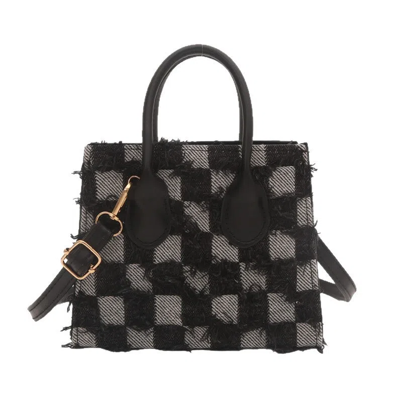 Women's denim plaid crossbody bag with single shoulder strap, phone pocket, black, blue, dark blue, white