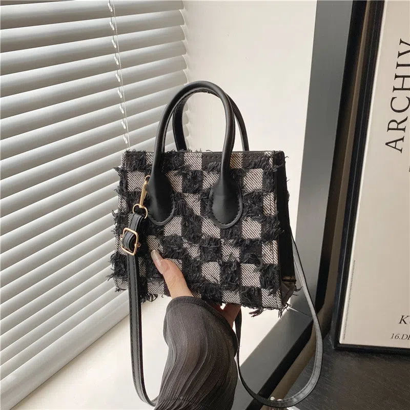 Women's denim plaid crossbody bag with single shoulder strap, phone pocket, black, blue, dark blue, white