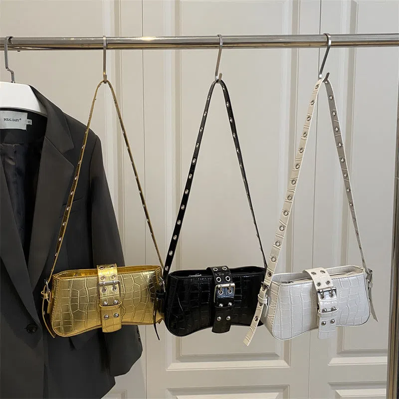 Vertical rectangle PU underarm bag with stitched patchwork, single shoulder strap, available in black, gold, white