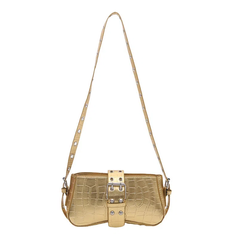 Vertical rectangle PU underarm bag with stitched patchwork, single shoulder strap, available in black, gold, white