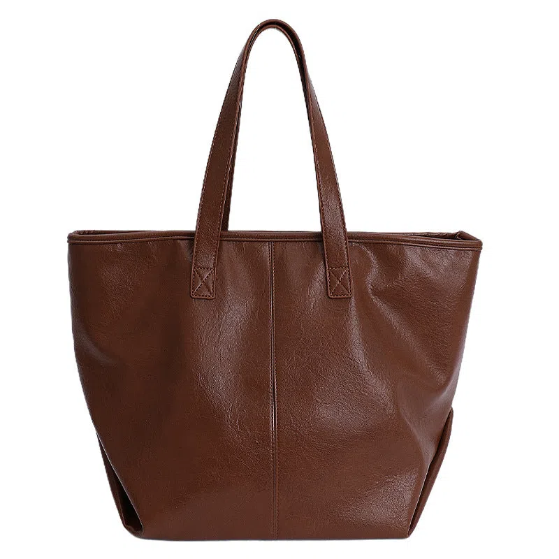 Large-capacity soft PU leather tote bag with double shoulder straps and stitched seams in black, silver, light brown, white, coffee colour, dark brown