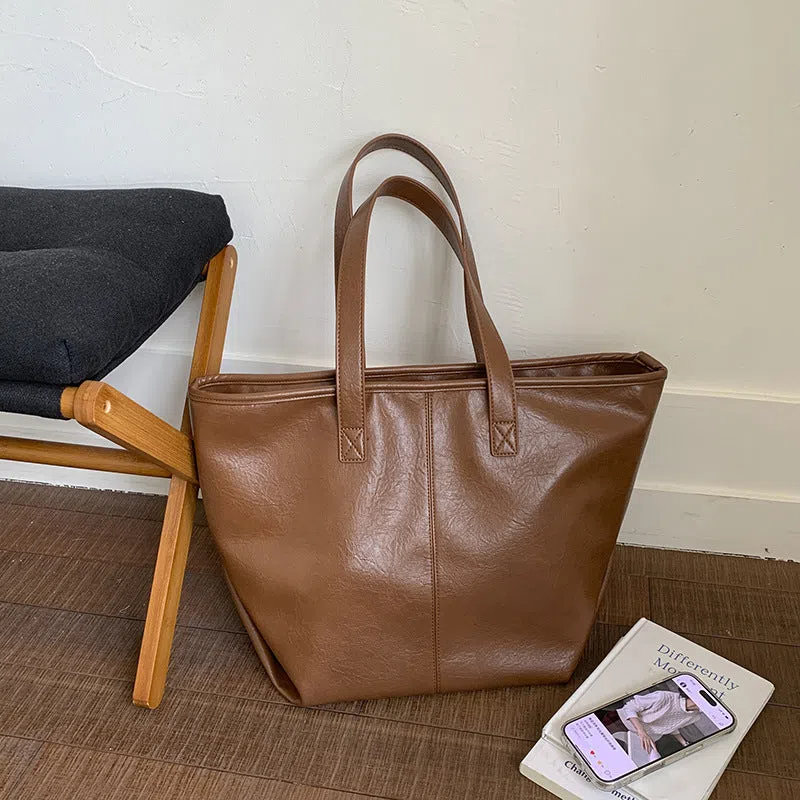 Large-capacity soft PU leather tote bag with double shoulder straps and stitched seams in black, silver, light brown, white, coffee colour, dark brown