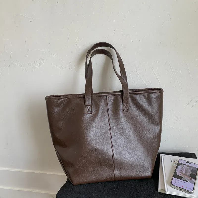 Large-capacity soft PU leather tote bag with double shoulder straps and stitched seams in black, silver, light brown, white, coffee colour, dark brown