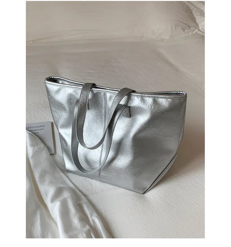 Large-capacity soft PU leather tote bag with double shoulder straps and stitched seams in black, silver, light brown, white, coffee colour, dark brown
