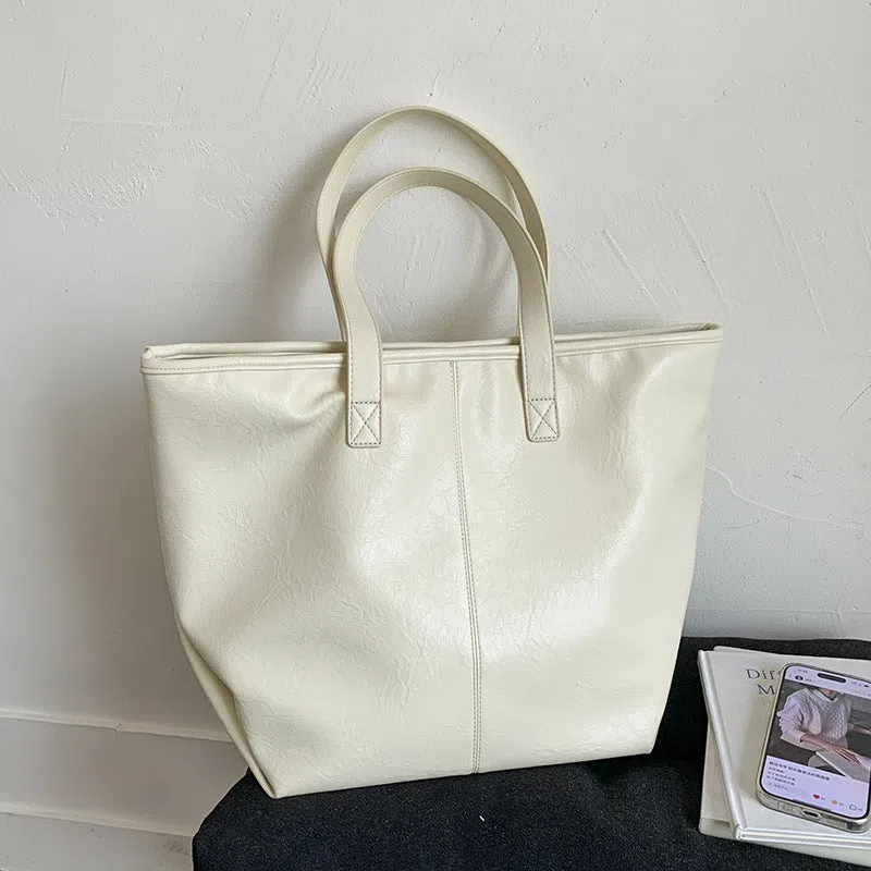 Large-capacity soft PU leather tote bag with double shoulder straps and stitched seams in black, silver, light brown, white, coffee colour, dark brown