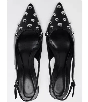 Women's black low-cut pointed-toe wedge stiletto heels with rivet decoration and slip-on design