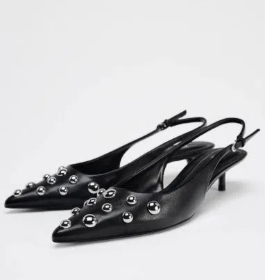 Women's black low-cut pointed-toe wedge stiletto heels with rivet decoration and slip-on design
