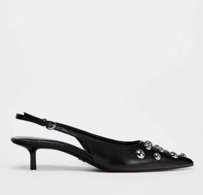 Women's black low-cut pointed-toe wedge stiletto heels with rivet decoration and slip-on design