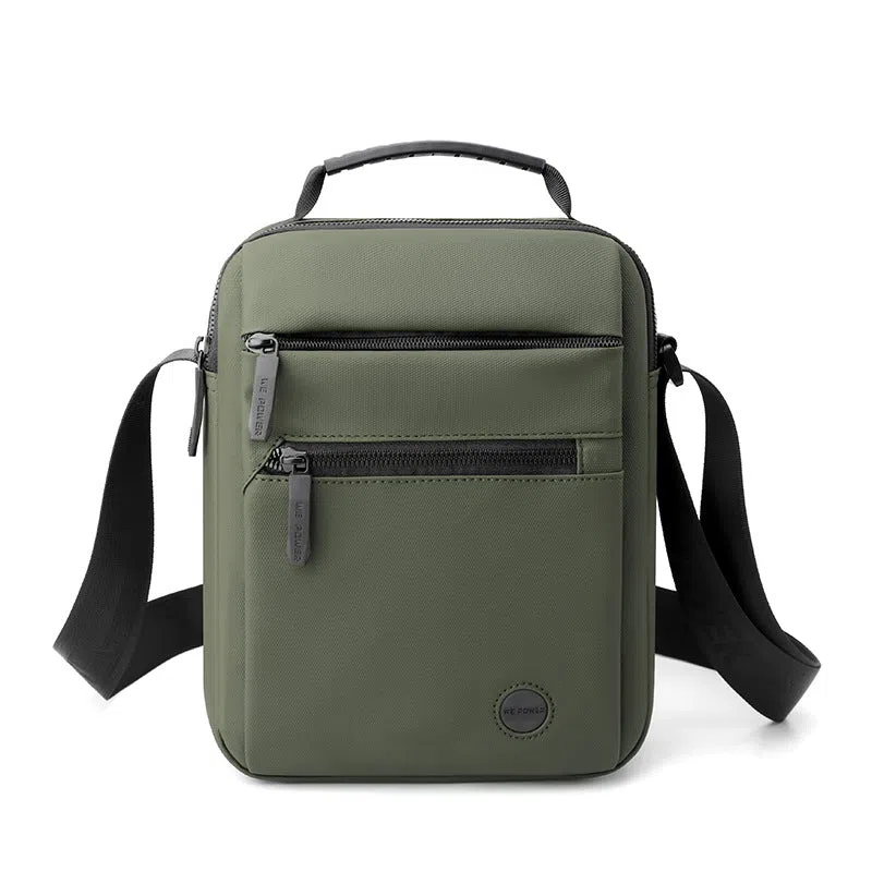 Men's water-repellent PU crossbody bag in army green, compact size 20x9x25 cm, single-shoulder style