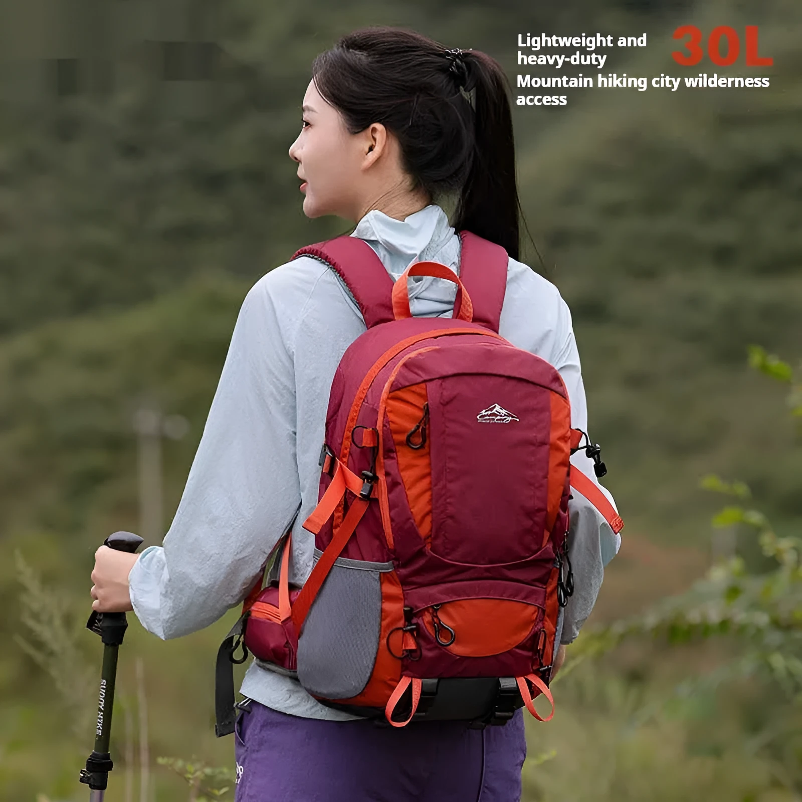 Men's large capacity lightweight hiking backpack 30L with rain cover, square shape, zipper closure