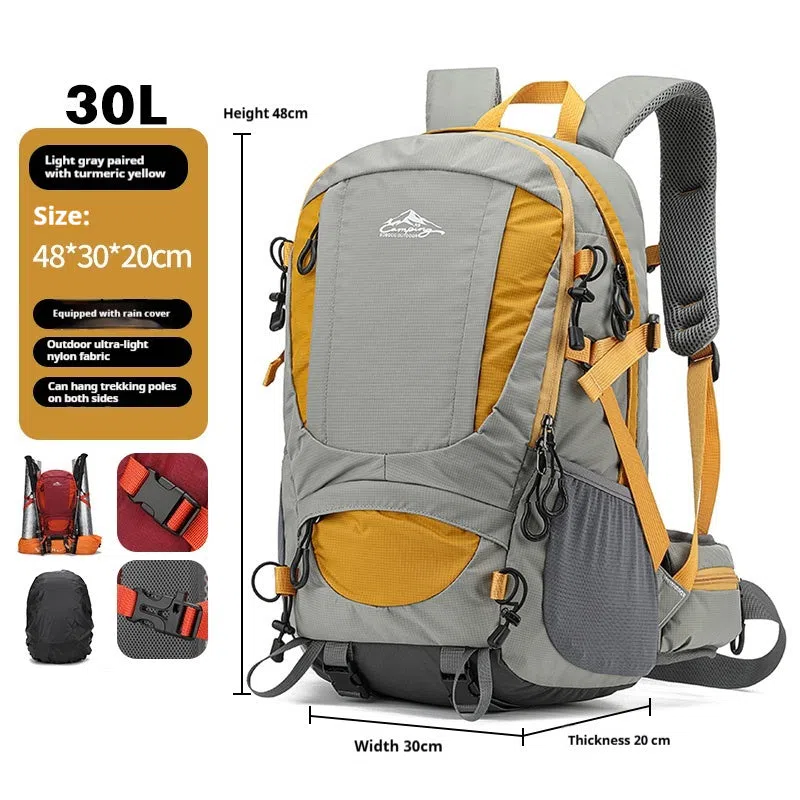 Men's large capacity lightweight hiking backpack 30L with rain cover, square shape, zipper closure