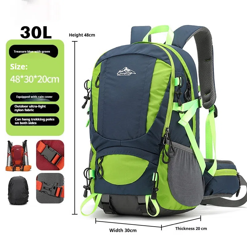 Men's large capacity lightweight hiking backpack 30L with rain cover, square shape, zipper closure