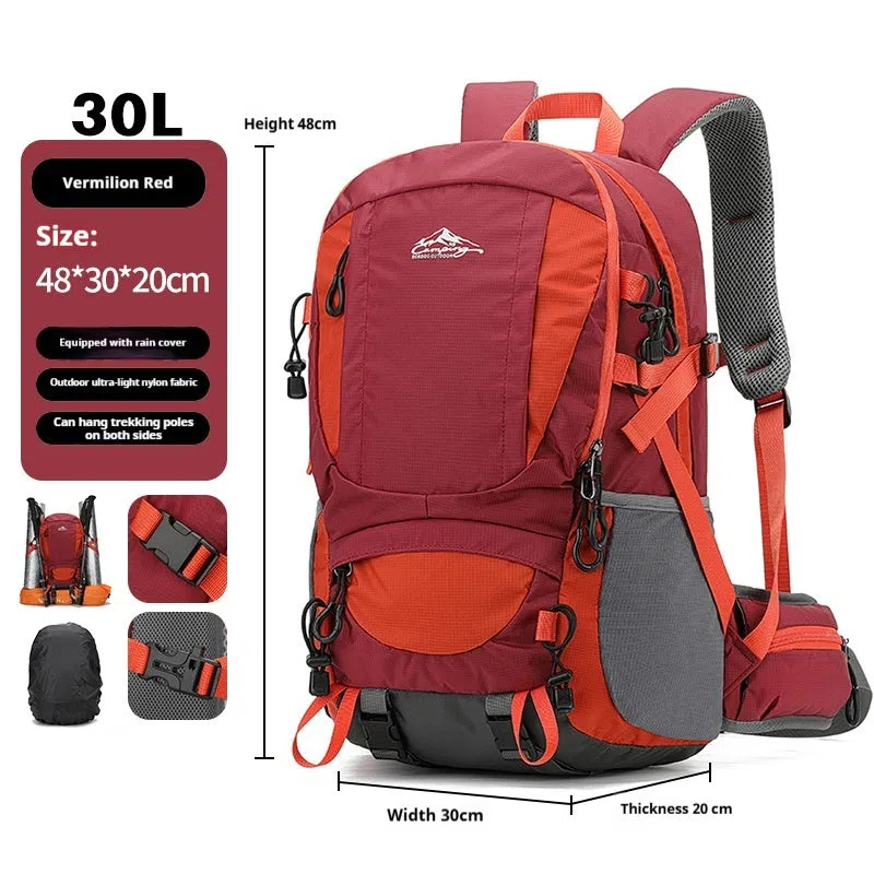Men's large capacity lightweight hiking backpack 30L with rain cover, square shape, zipper closure