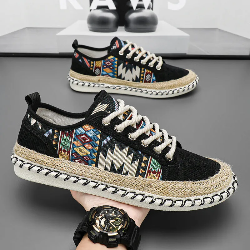 Men's beige and black cloth casual summer shoes with round toe on size chart.