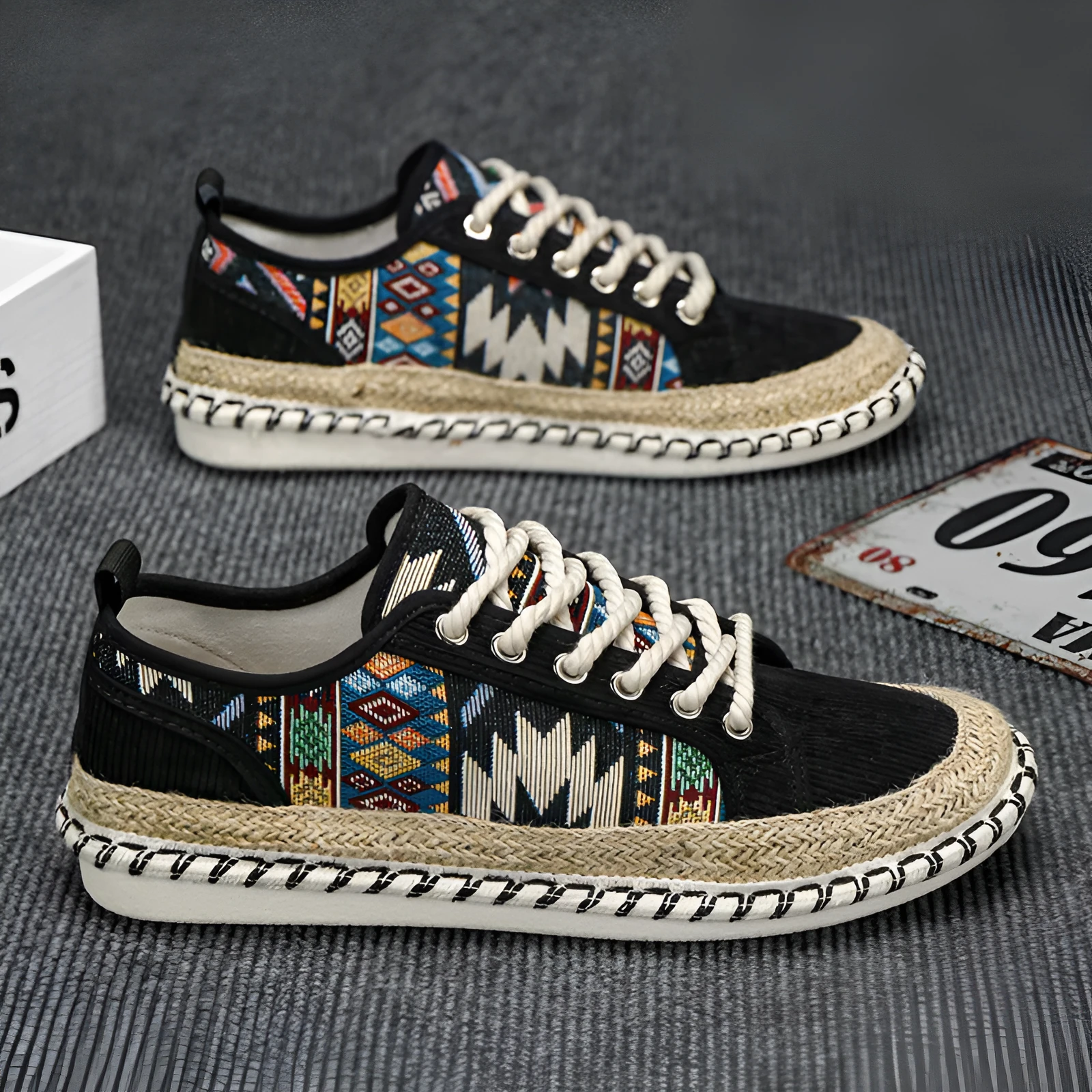 Men's beige and black cloth casual summer shoes with round toe on size chart.