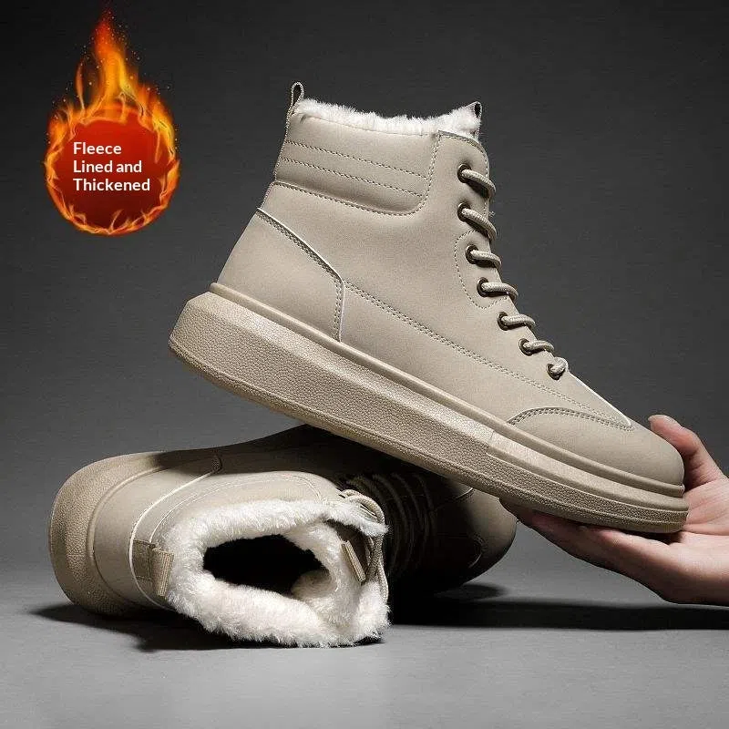 Winter warm men's fur-lined suede snow boots in gray non-slip rubber outsole