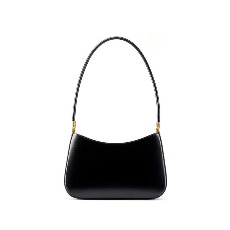 Women's casual French-style oval one-shoulder bag in cowhide leather, 25.5x6x14cm, available in black