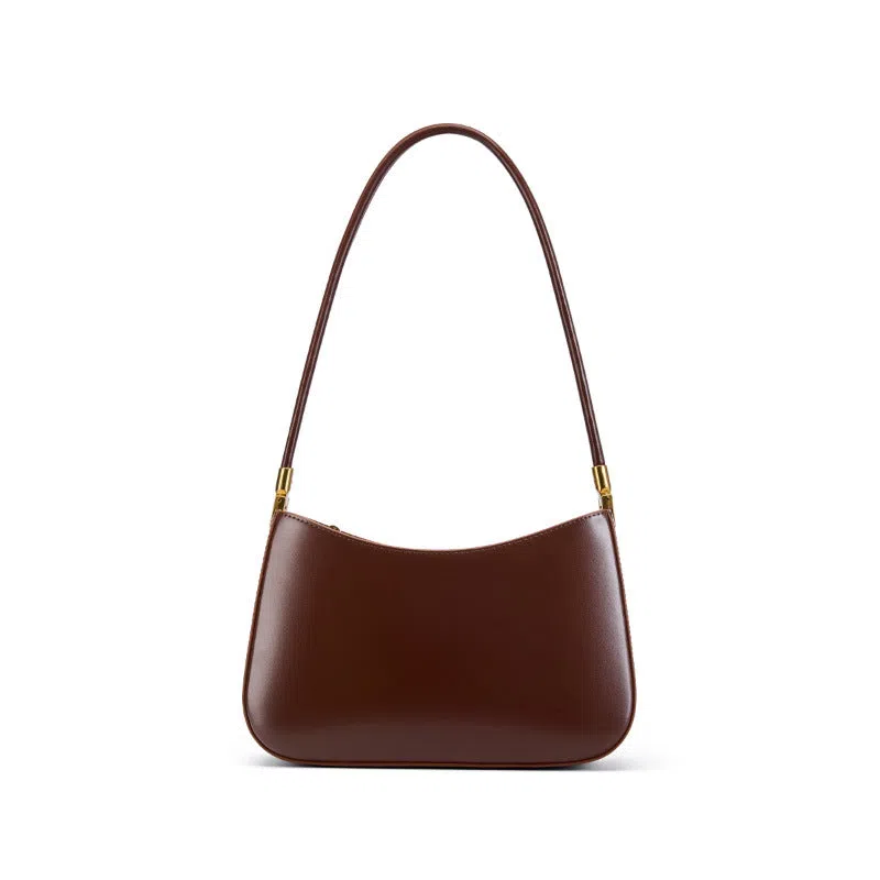 Women's casual French-style oval one-shoulder bag in cowhide leather, 25.5x6x14cm, available in black