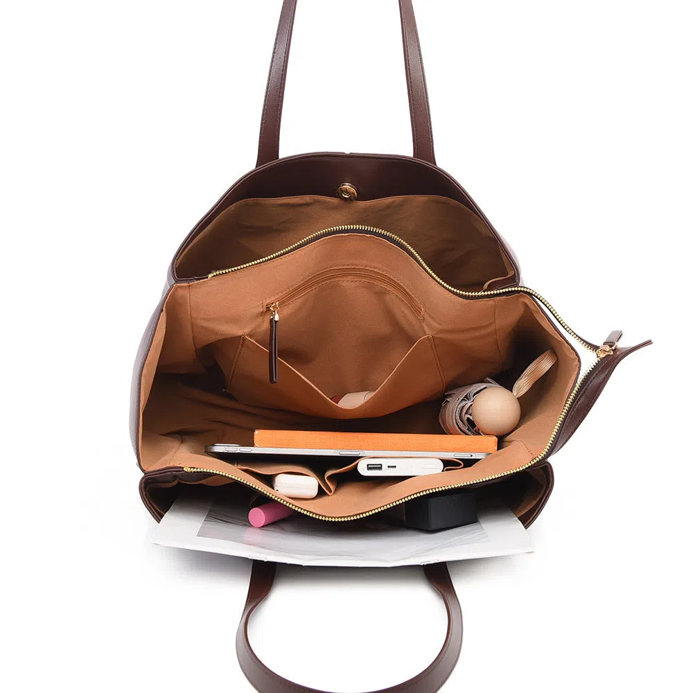 PU leather large-capacity horizontal rectangle bag in urban minimalist style with stitched seams and double shoulder straps