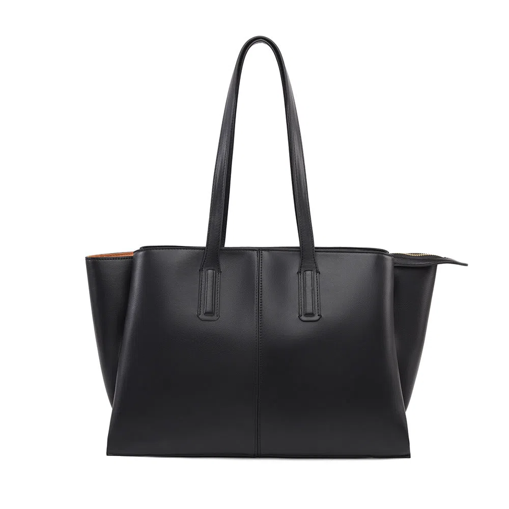 PU leather large-capacity horizontal rectangle bag in urban minimalist style with stitched seams and double shoulder straps