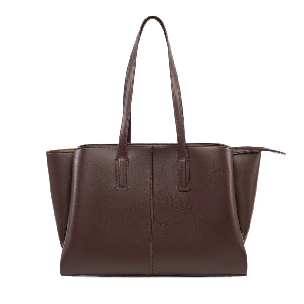 PU leather large-capacity horizontal rectangle bag in urban minimalist style with stitched seams and double shoulder straps