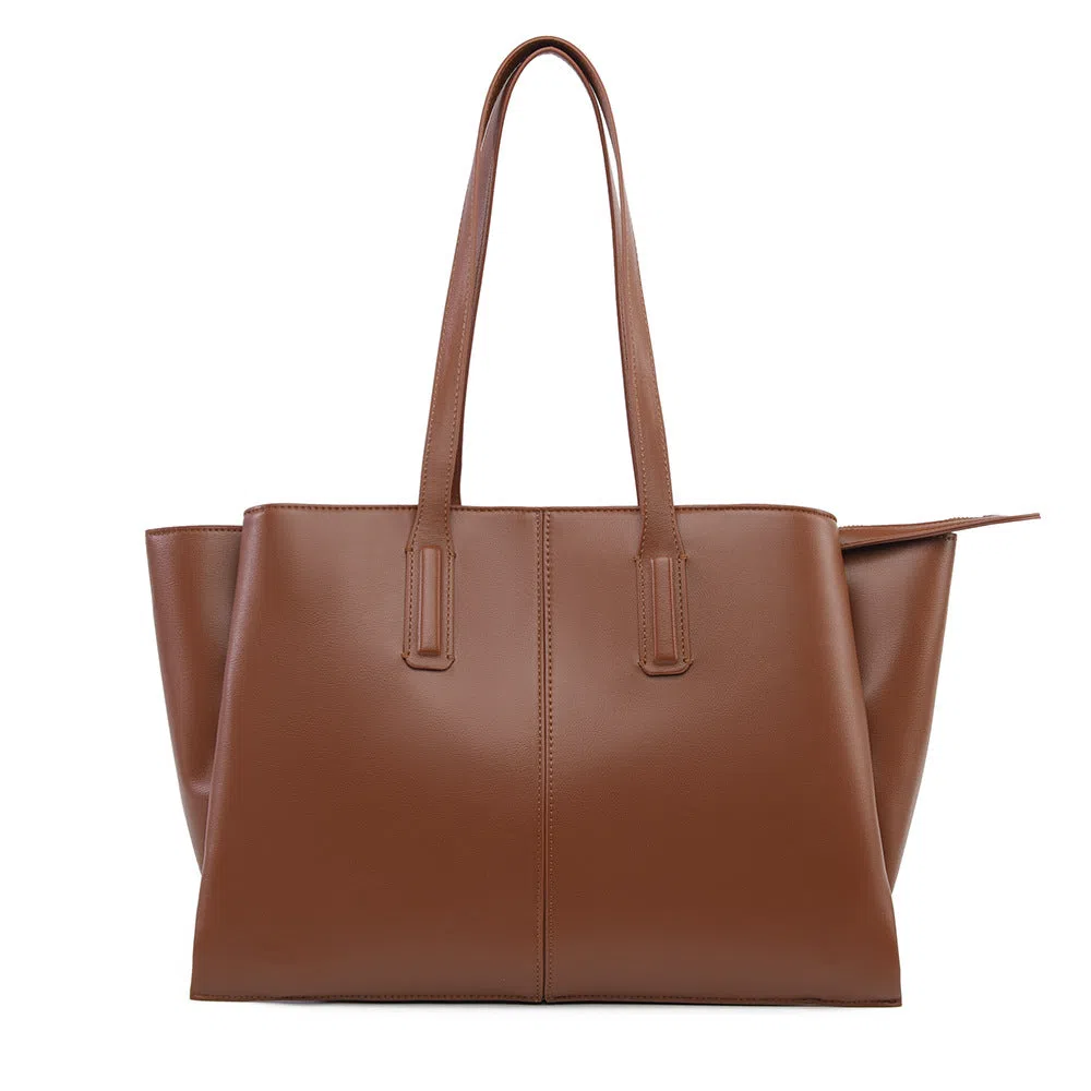 PU leather large-capacity horizontal rectangle bag in urban minimalist style with stitched seams and double shoulder straps