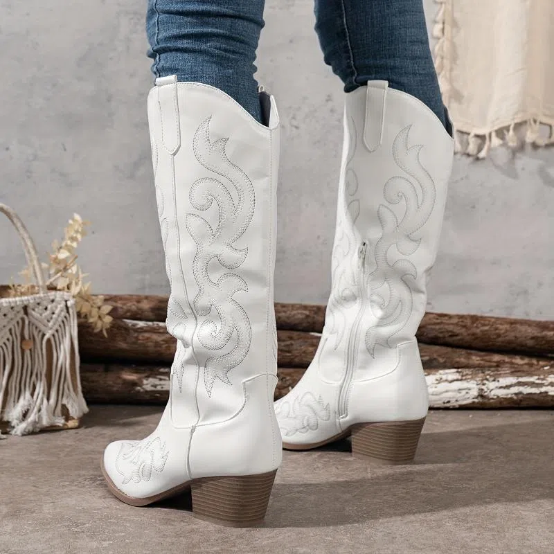 Women's embroidered satin over-the-knee boots with medium heel, round toe, available in four colours