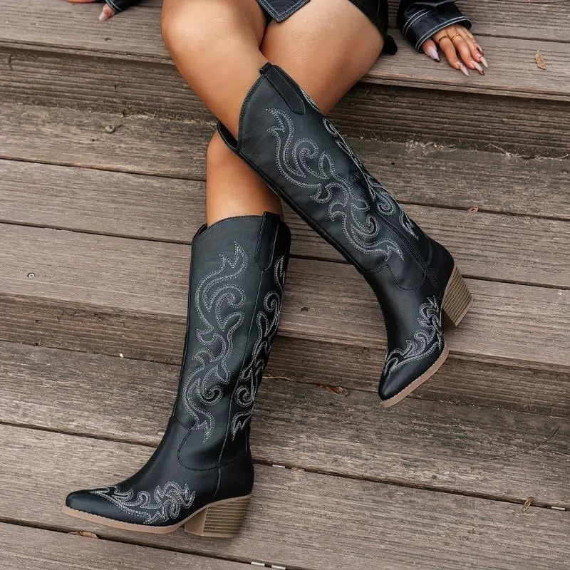 Women's embroidered satin over-the-knee boots with medium heel, round toe, available in four colours