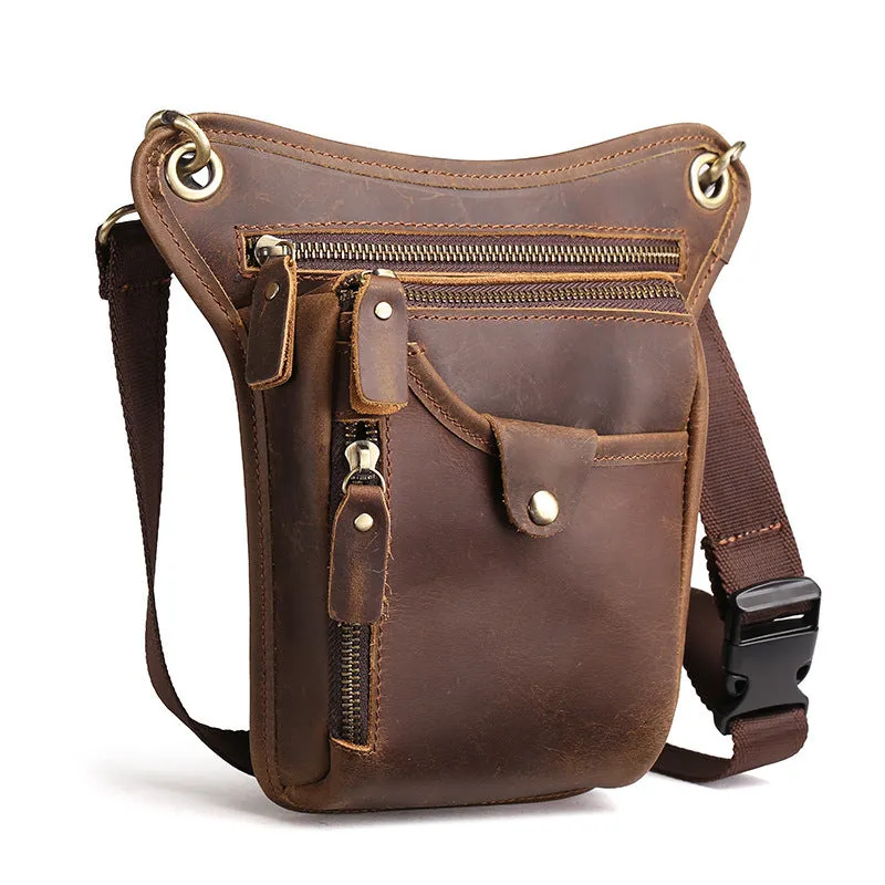 Men's vintage brown crazy horse leather satchel bag with a shoulder strap