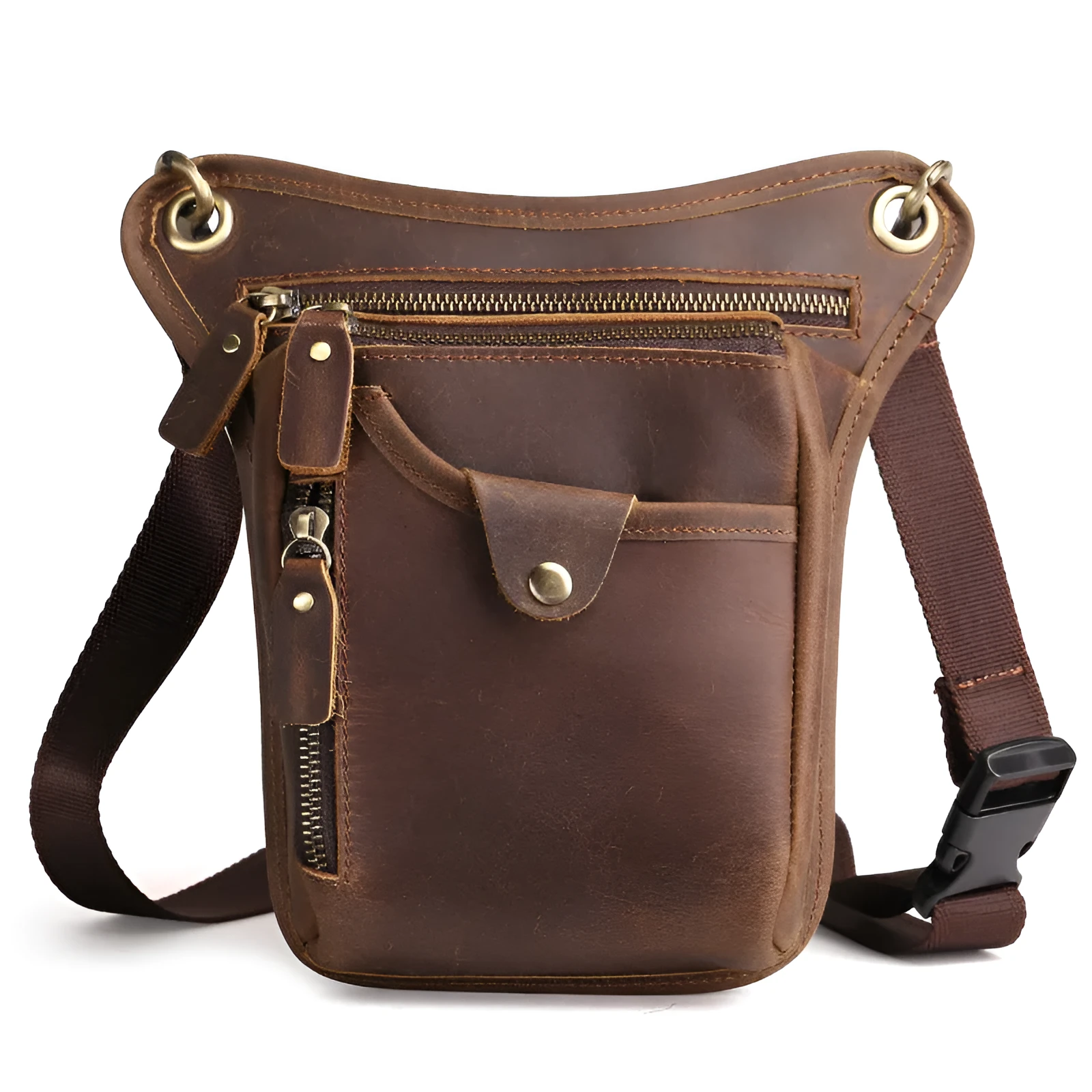 Men's vintage brown crazy horse leather satchel bag with a shoulder strap