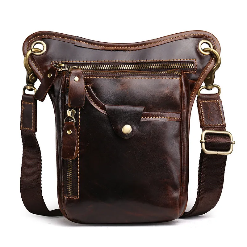 Men's vintage brown crazy horse leather satchel bag with a shoulder strap