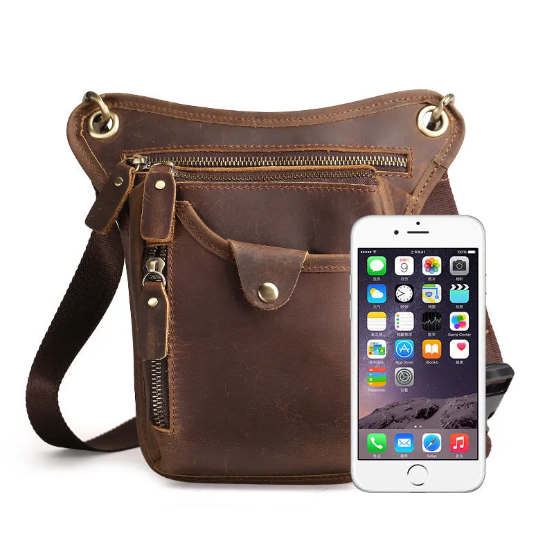 Men's vintage brown crazy horse leather satchel bag with a shoulder strap