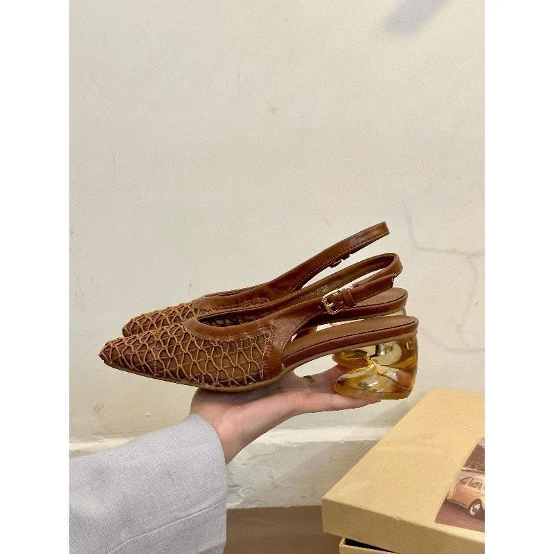 Women's square toe slingback sandals with woven detail in apricot colour
