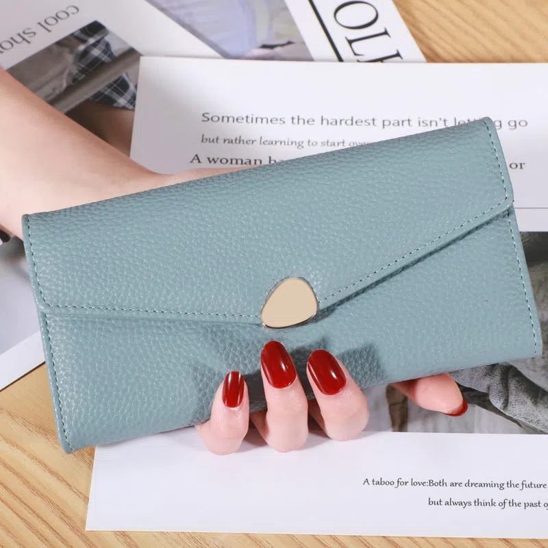 Women's lychee-pattern PU leather clutch wallet in solid colour with patchwork detail