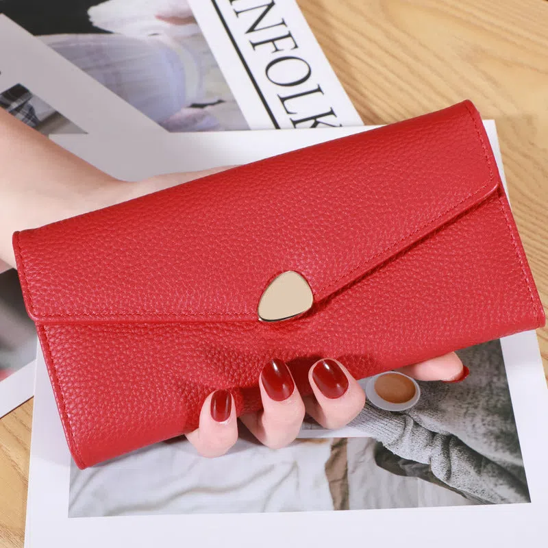 Women's lychee-pattern PU leather clutch wallet in solid colour with patchwork detail