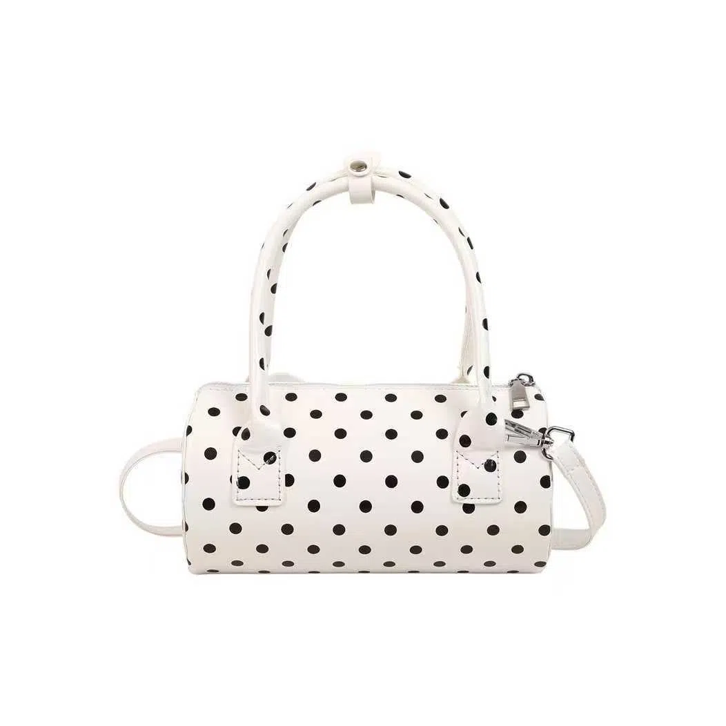 Korean-style cylindrical tote pillow bag in PU leather with stitched seams, black colour, single strap