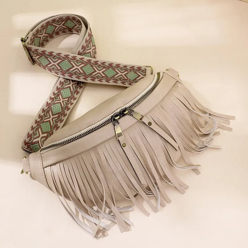 Retro-style pleated messenger crossbody bag in PU leather with a tassel, shown in macaron-gray.