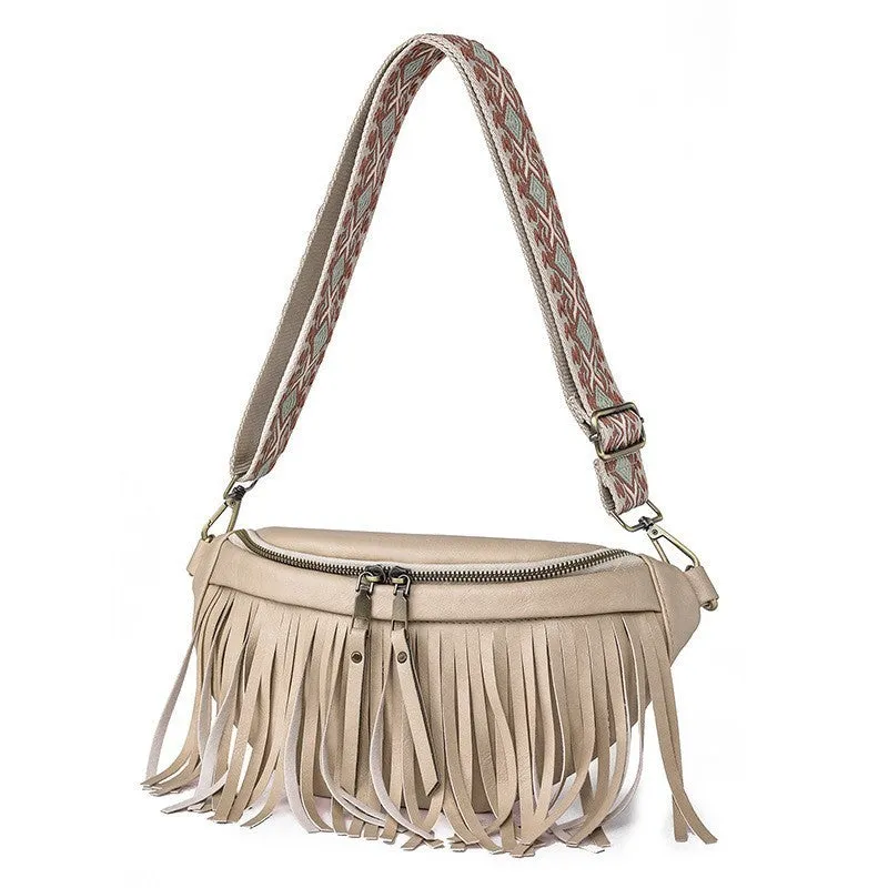 Retro-style pleated messenger crossbody bag in PU leather with a tassel, shown in macaron-gray.