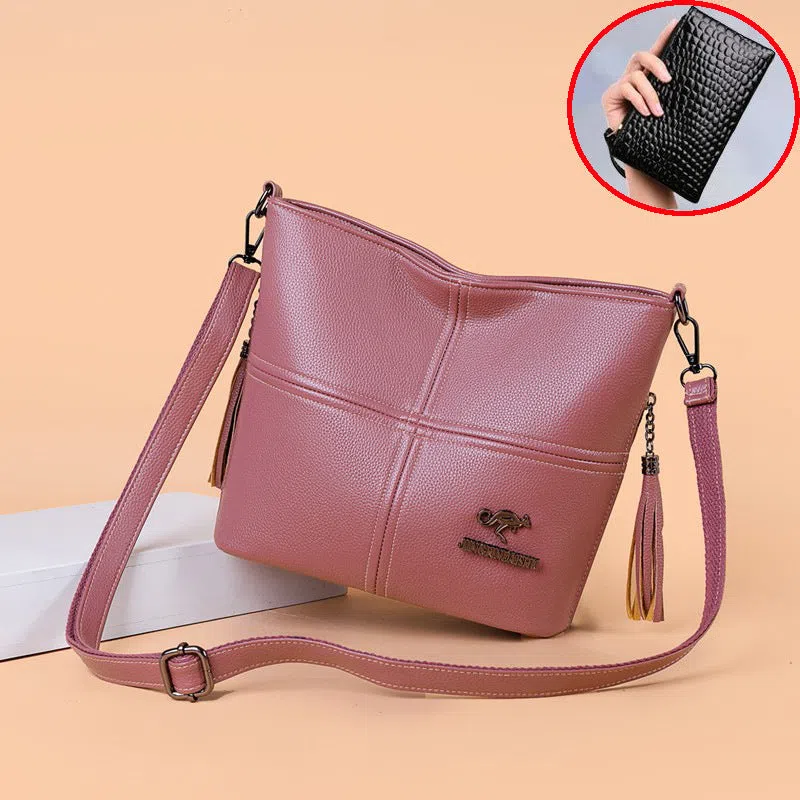 PU crossbody bag in red with stitching and tassels, horizontal shape, large capacity
