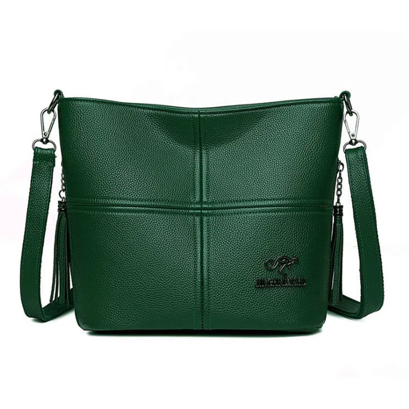 PU crossbody bag in red with stitching and tassels, horizontal shape, large capacity