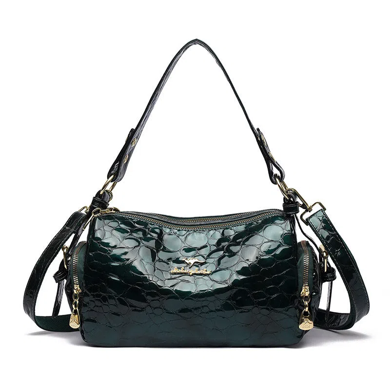 PU leather Boston pillow bag in khaki with stitched seams and stone pattern, double shoulder straps, internal pocket